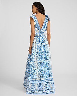 Printed V-Neck Tie Shoulder Maxi Dress