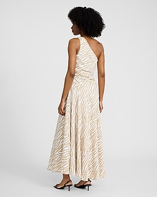 Zebra Print One Shoulder Ruched Side Tie Maxi Dress