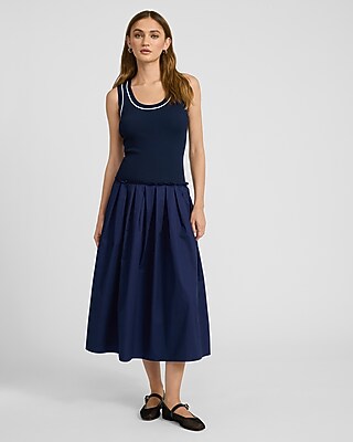 Mixed Media Tipped Scoop Neck Drop Waist Midi Dress