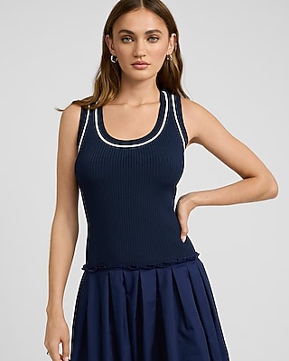 Mixed Media Tipped Scoop Neck Drop Waist Midi Dress