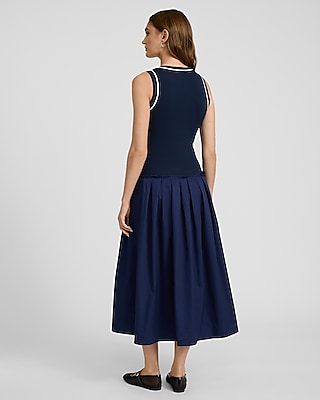 Mixed Media Tipped Scoop Neck Drop Waist Midi Dress