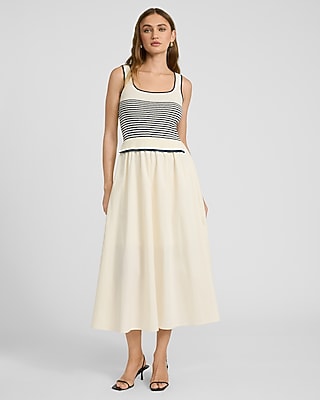 Mixed Media Striped Scoop Neck Sleeveless Midi Dress