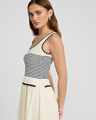 Mixed Media Striped Scoop Neck Sleeveless Midi Dress