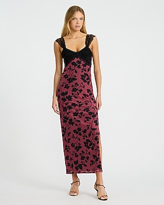 Mesh Printed Sweetheart Lace Pieced Maxi Dress