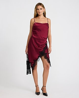 Satin Lace Trim Draped Front Asymmetrical Mini Slip Dress | Express
