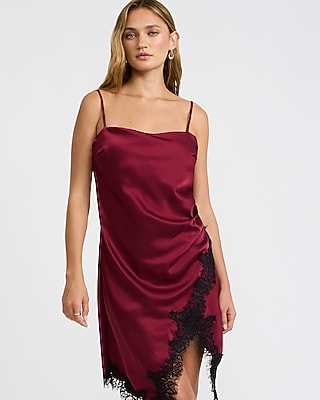 Satin Lace Trim Draped Front Asymmetrical Mini Slip Dress
