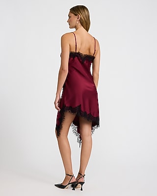 Satin Lace Trim Draped Front Asymmetrical Mini Slip Dress