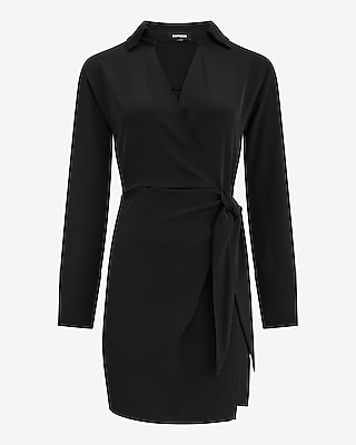 Twill Collared Long Sleeve Tie Wrap Mini Sheath Dress