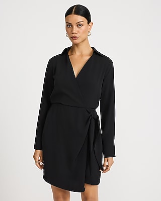 Twill Collared Long Sleeve Tie Wrap Mini Sheath Dress