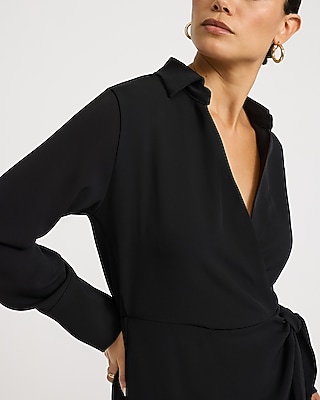 Twill Collared Long Sleeve Tie Wrap Mini Sheath Dress