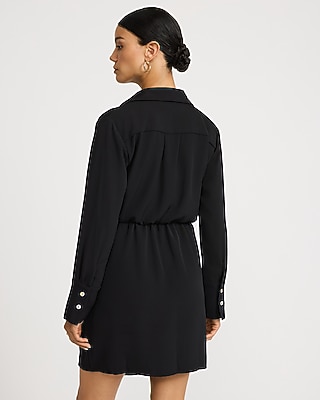 Twill Collared Long Sleeve Tie Wrap Mini Sheath Dress