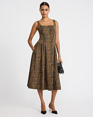 Crepe Square Neck Drop Waist Midi Dress with Pockets