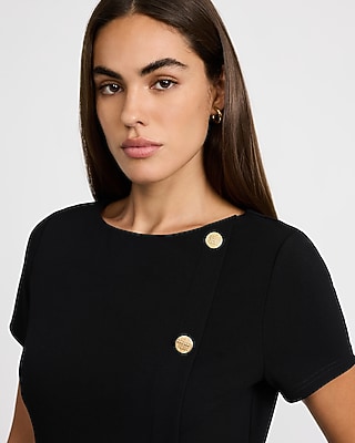 Boat Neck Cap Sleeve Novelty Button Front Mini Dress