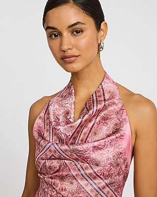 Printed Satin Halter Cowl Neck Open Back Maxi Dress