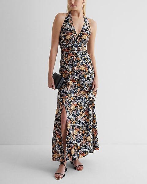 Floral Halter Neck Side Slit Maxi Dress | Express Floral Halter Neck Side Slit Maxi Dress | Express