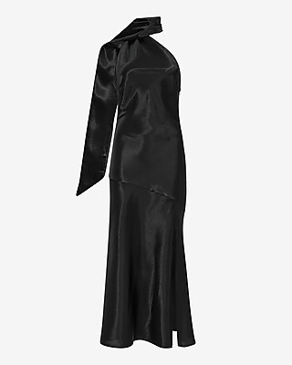 black and blue dress vs gold and white Black Mock Neck Satin Midi Dress main image 1