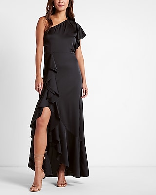 Satin One Shoulder Ruffle Maxi Dress Express