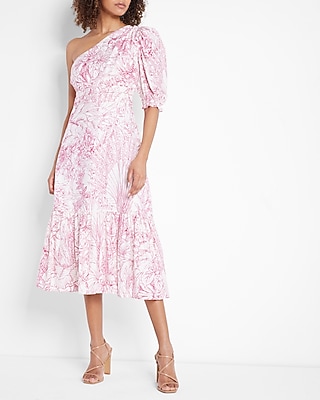Printed One Shoulder Puff Sleeve Ruffle Hem Midi Dress