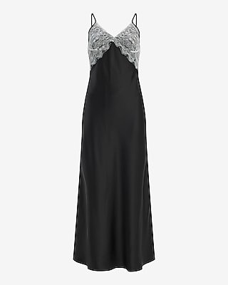 Color Block Satin Lace Pieced V-Neck Maxi Slip Dress