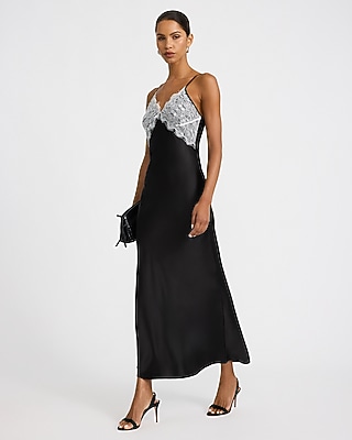 Color Block Satin Lace Pieced V-Neck Maxi Slip Dress