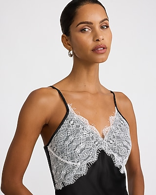 Color Block Satin Lace Pieced V-Neck Maxi Slip Dress