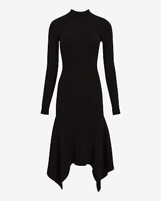 Mock Neck Ribbed Asymmetrical Hem Sweater Midi Dress