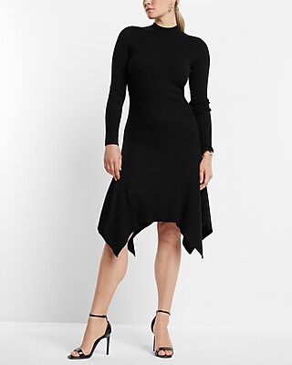 Mock Neck Ribbed Asymmetrical Hem Sweater Midi Dress