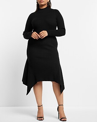 Mock Neck Ribbed Asymmetrical Hem Sweater Midi Dress