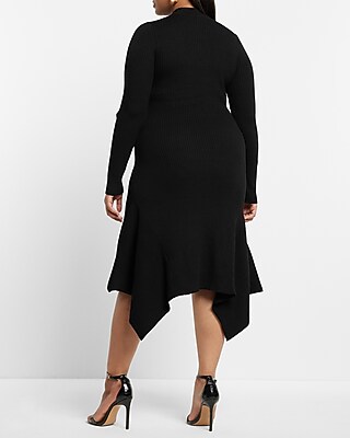 Mock Neck Ribbed Asymmetrical Hem Sweater Midi Dress