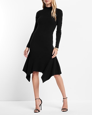 Mock Neck Ribbed Asymmetrical Hem Sweater Midi Dress