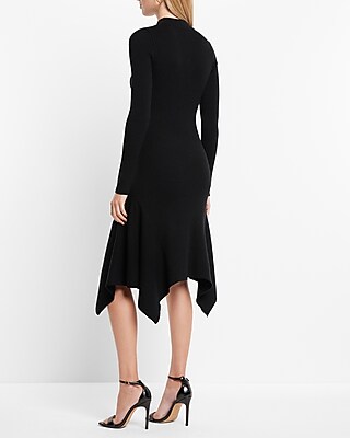 Mock Neck Ribbed Asymmetrical Hem Sweater Midi Dress