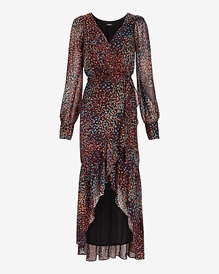 Metallic Printed Faux Wrap Ruffle Hi-lo Maxi Dress | Express