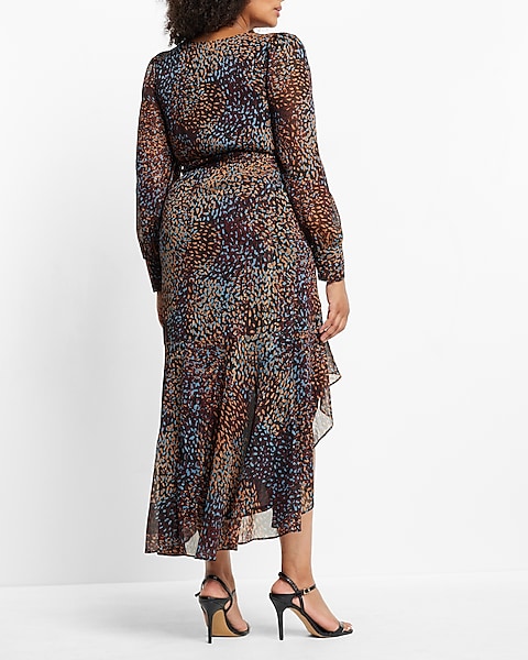 Metallic Printed Faux Wrap Ruffle Hi-lo Maxi Dress | Express Metallic Printed Faux Wrap Ruffle Hi-lo Maxi Dress | Express