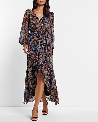 Metallic Printed Faux Wrap Ruffle Hi-lo Maxi Dress Express