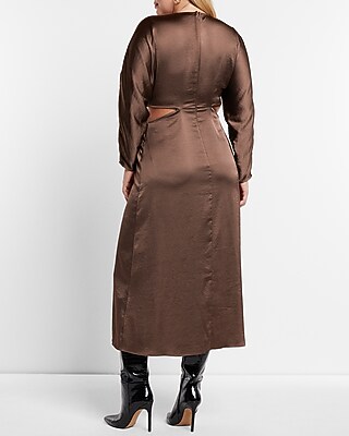 Satin Long Sleeve Cutout Midi Dress | Express