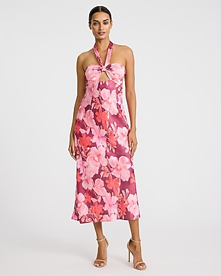 Satin Floral Halter Neck Cutout Midi Dress | Express
