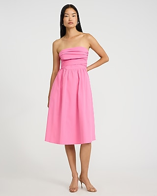 Poplin Strapless Ruched Smocked Tie Back Midi Dress with Pockets