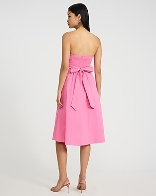 Poplin Strapless Ruched Smocked Tie Back Midi Dress with Pockets