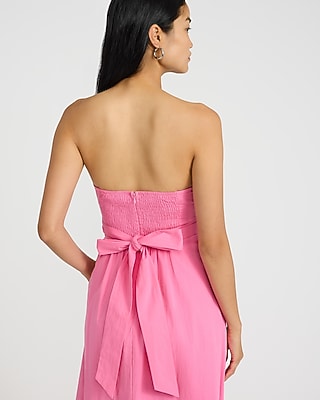 Poplin Strapless Ruched Smocked Tie Back Midi Dress with Pockets