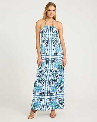 Printed Satin Tie Halter Open Back Maxi Dress