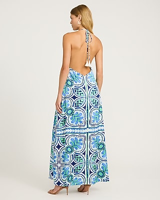Printed Satin Tie Halter Open Back Maxi Dress