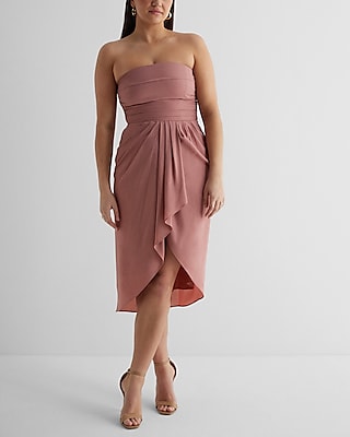 Strapless Draped Ruched Midi Sheath Dress