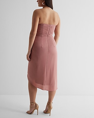 Strapless Draped Ruched Midi Sheath Dress