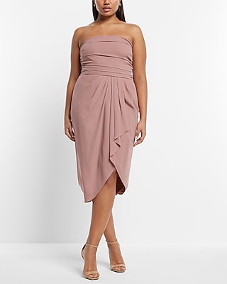 Strapless Draped Ruched Midi Sheath Dress