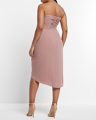 Strapless Draped Ruched Midi Sheath Dress