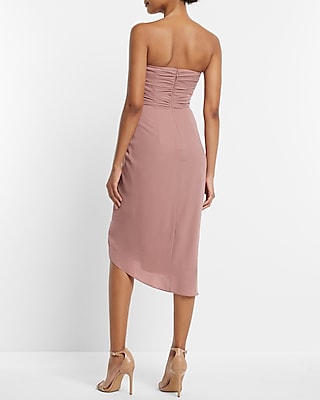 Strapless Draped Ruched Midi Sheath Dress