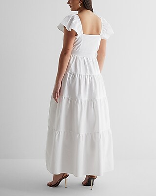 V-Neck Flutter Sleeve Tiered Poplin Maxi Dress
