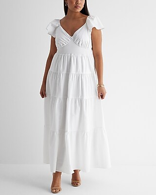 V-Neck Flutter Sleeve Tiered Poplin Maxi Dress