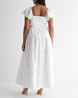 V-Neck Flutter Sleeve Tiered Poplin Maxi Dress