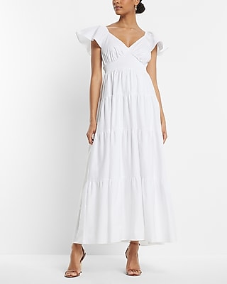 V-Neck Flutter Sleeve Tiered Poplin Maxi Dress